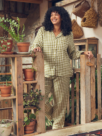 Botanical Green Gingham Linen Pajama pants