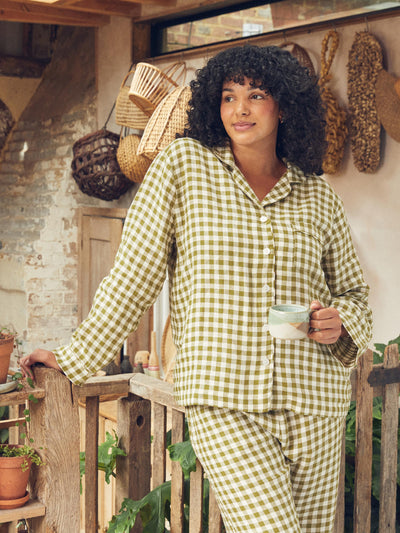 Botanical Green Gingham Linen Pajama Shirt (Top Only)
