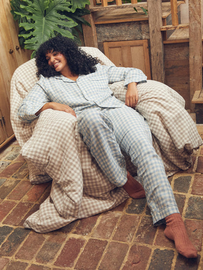 Warm Blue Gingham Linen Blend Pajama Set