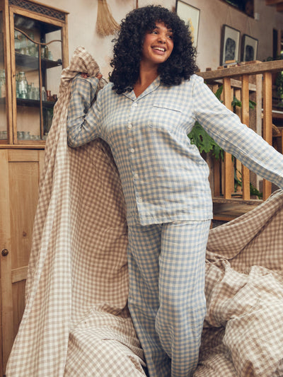 Warm Blue Gingham Linen Pajama Shirt (Top Only)