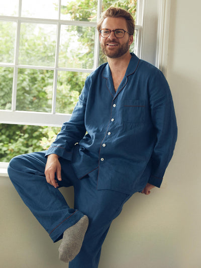Men's Marine Blue Linen Pajama Set