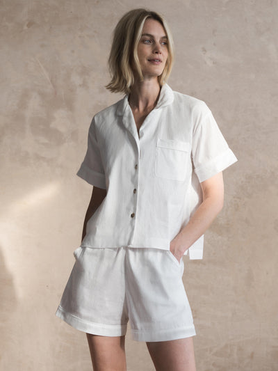 White Linen Blend Pajama Short Set