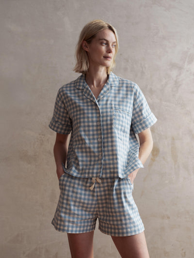 Warm Blue Gingham Linen Blend Pajama Short Set