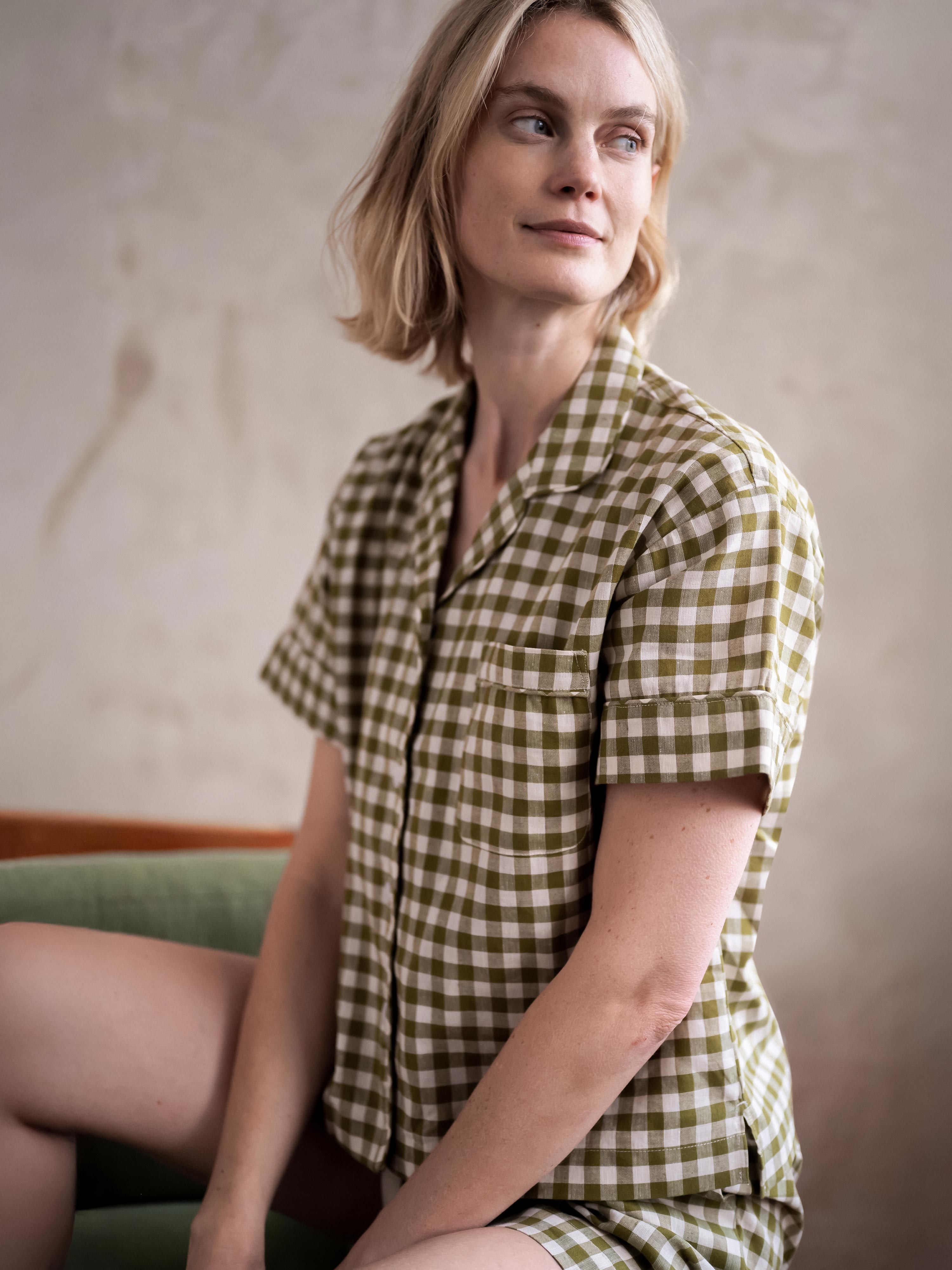 Botanical Green Gingham Linen Blend Pajama Short Set | Piglet in