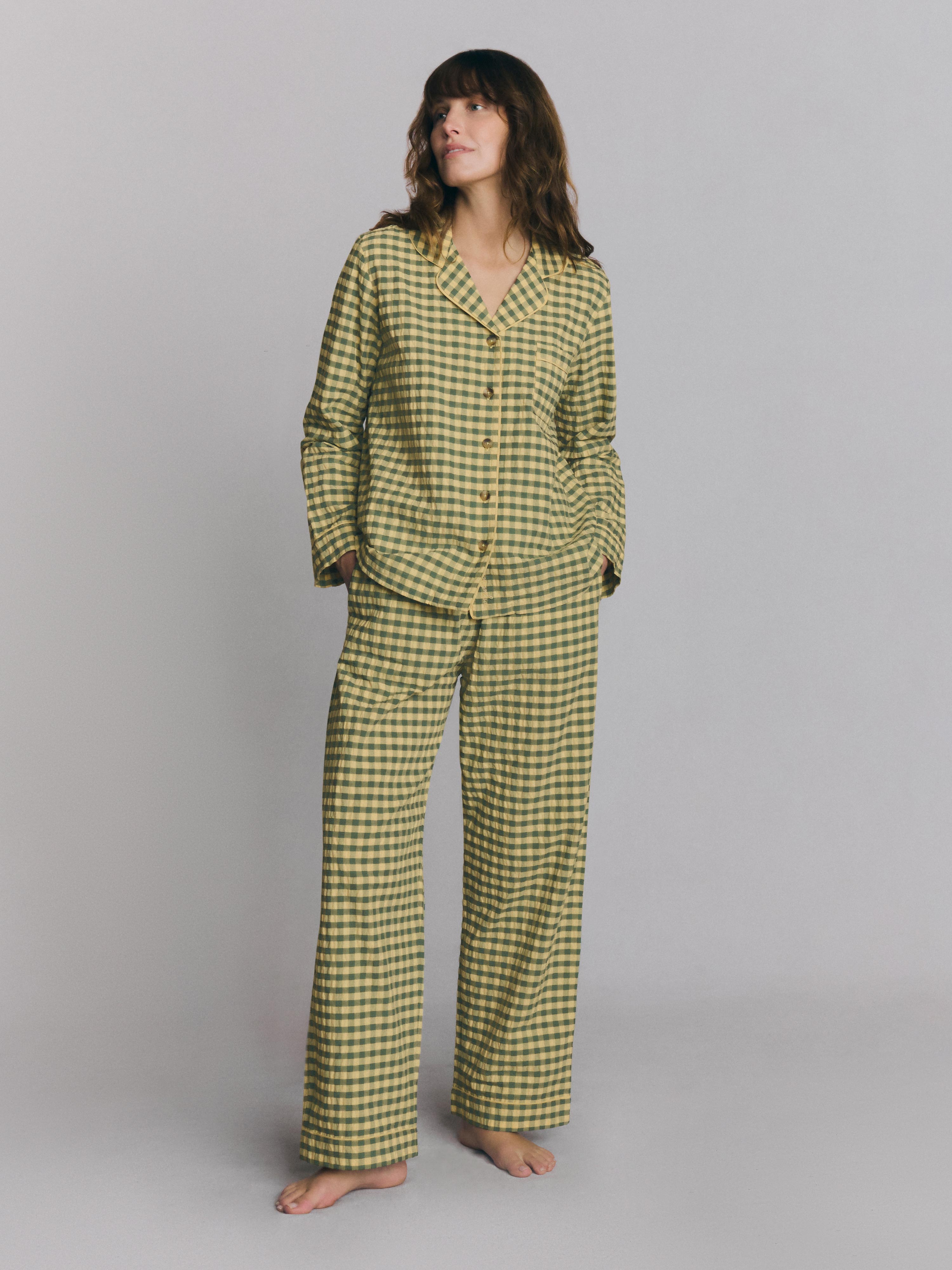 Elm Green & Butter Yellow Gingham Cotton Pants Set | Piglet in Bed US