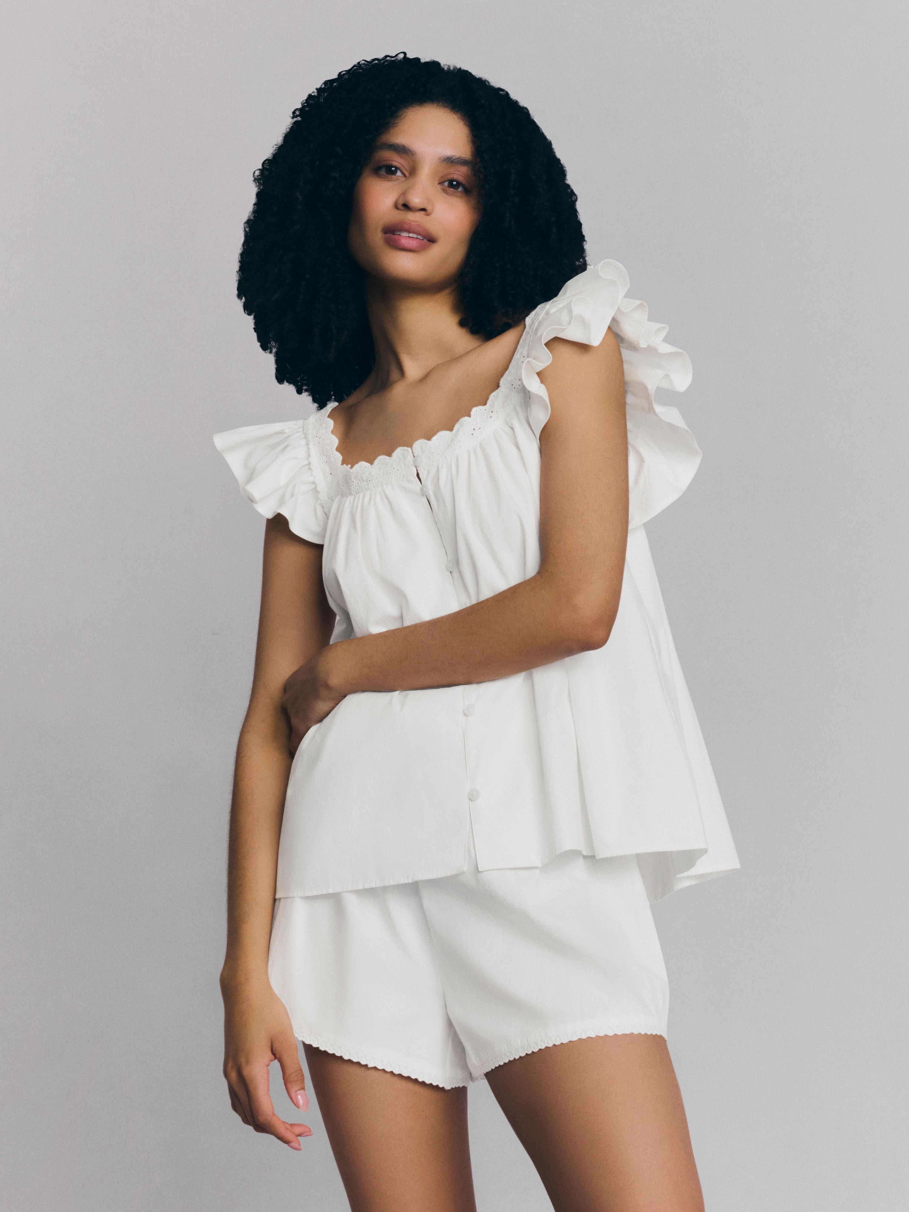 White Embroidered Cotton Frill Cami Shorts Set | Piglet in Bed US