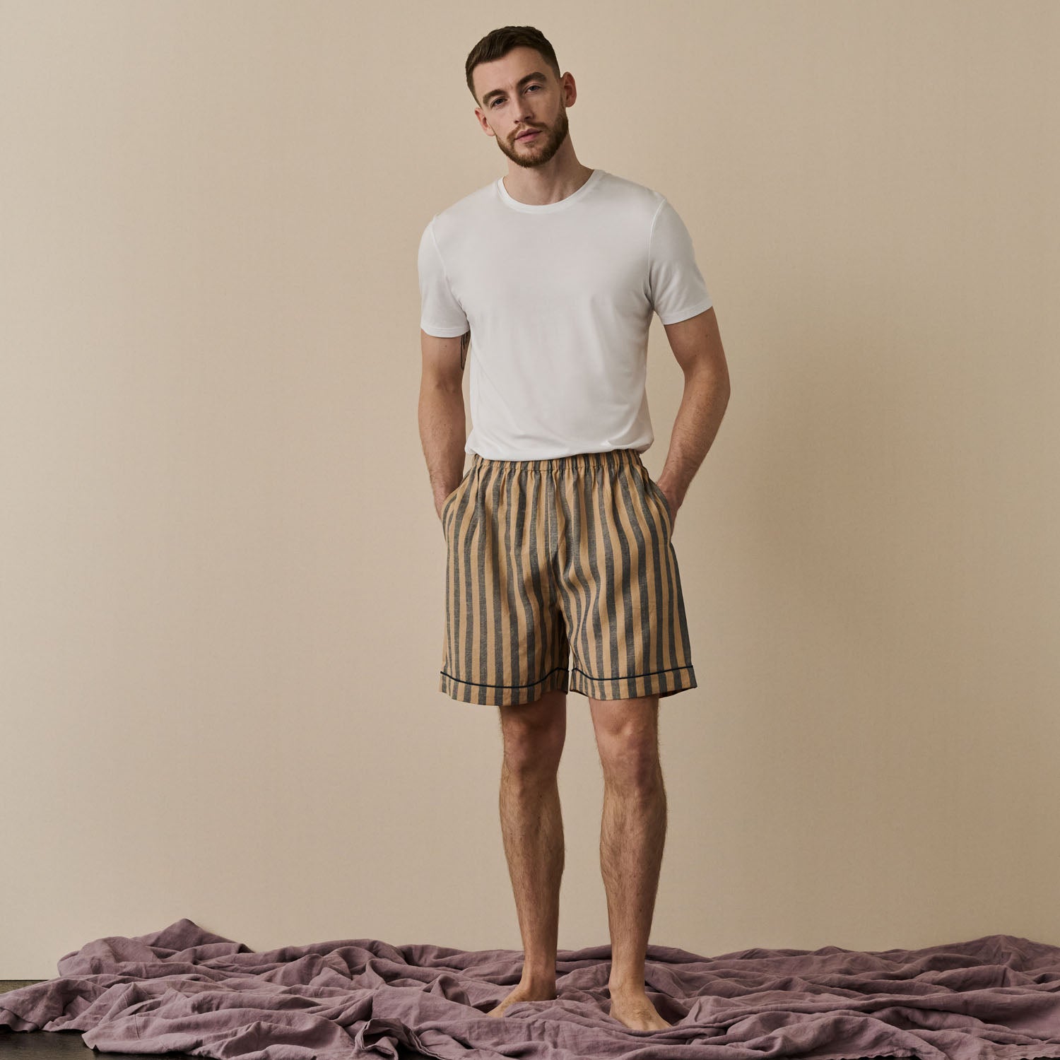 Men's Blue & Porcini Striped Linen Pajama Shorts Piglet in Bed US