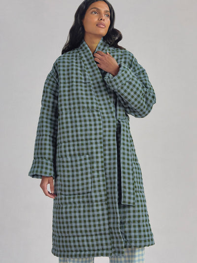 Fern Green & Dusk Blue Color Drenched Gingham Linen Blend Housecoat