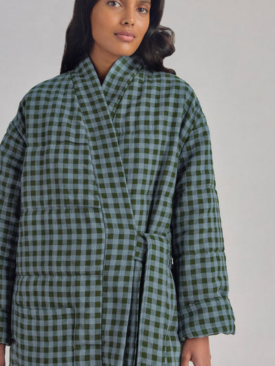 Fern Green & Dusk Blue Color Drenched Gingham Linen Blend Housecoat