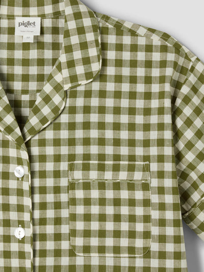 Botanical Green Gingham Linen Blend Pajama Short Set