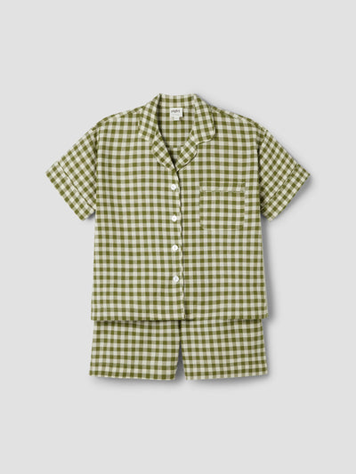 Botanical Green Gingham Linen Blend Pajama Short Set