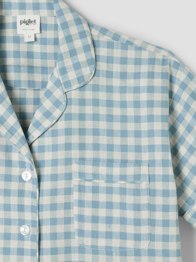 Warm Blue Gingham Linen Blend Pajama Short Set