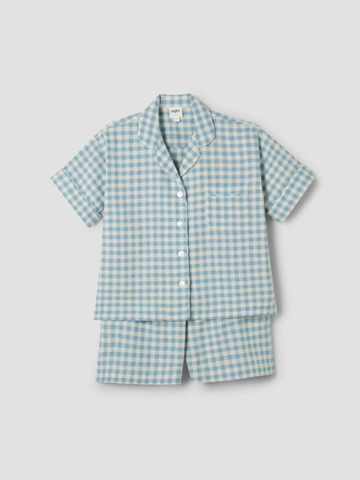 Warm Blue Gingham Linen Blend Pajama Short Set