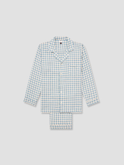 Men's Warm Blue Gingham Linen Pajama Pants Set