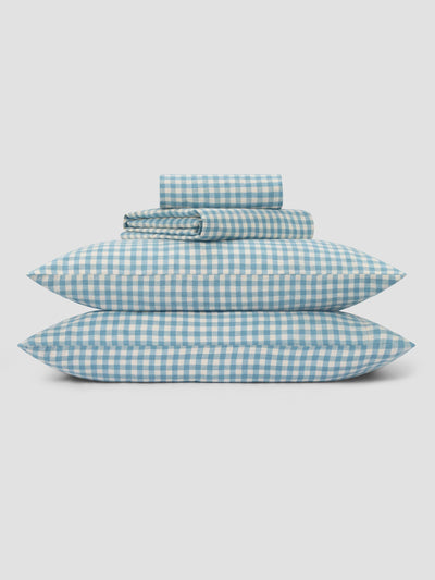Warm Blue Gingham Linen Blend Sheet Set