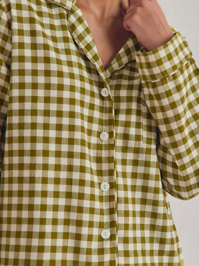 Botanical Green Gingham Linen Blend Pajama Set