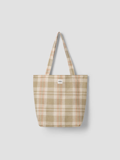Taupe Plaid 100% Linen Tote Bag