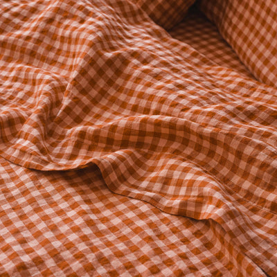 Cinnamon & Peach Color Drenched Gingham 100% Linen Flat Sheet