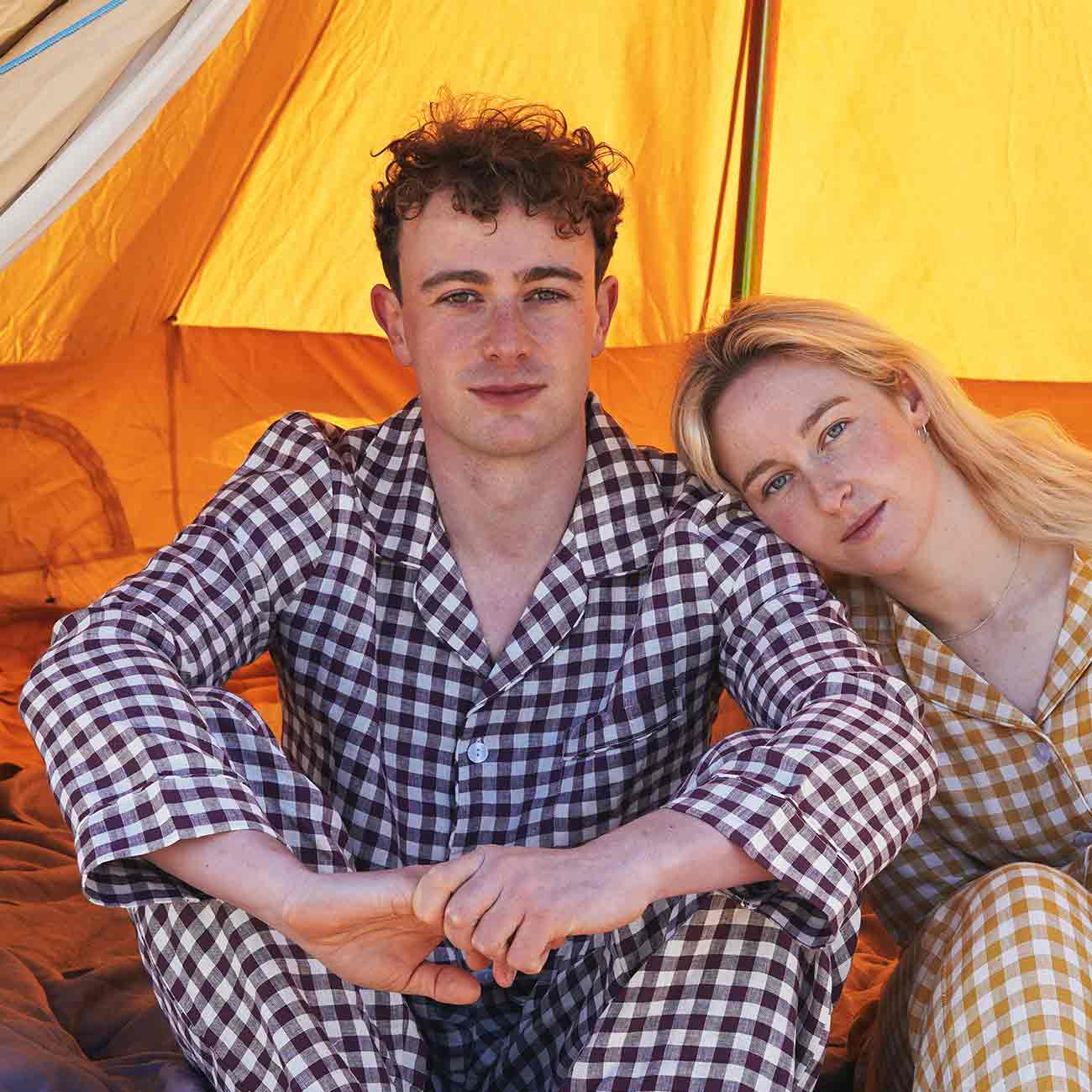 Men's Berry Gingham Pajama Set and Women's Honey Gingham Pajama Pants Set