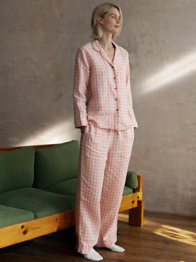 Pink Bloom Gingham Linen Pajama Set