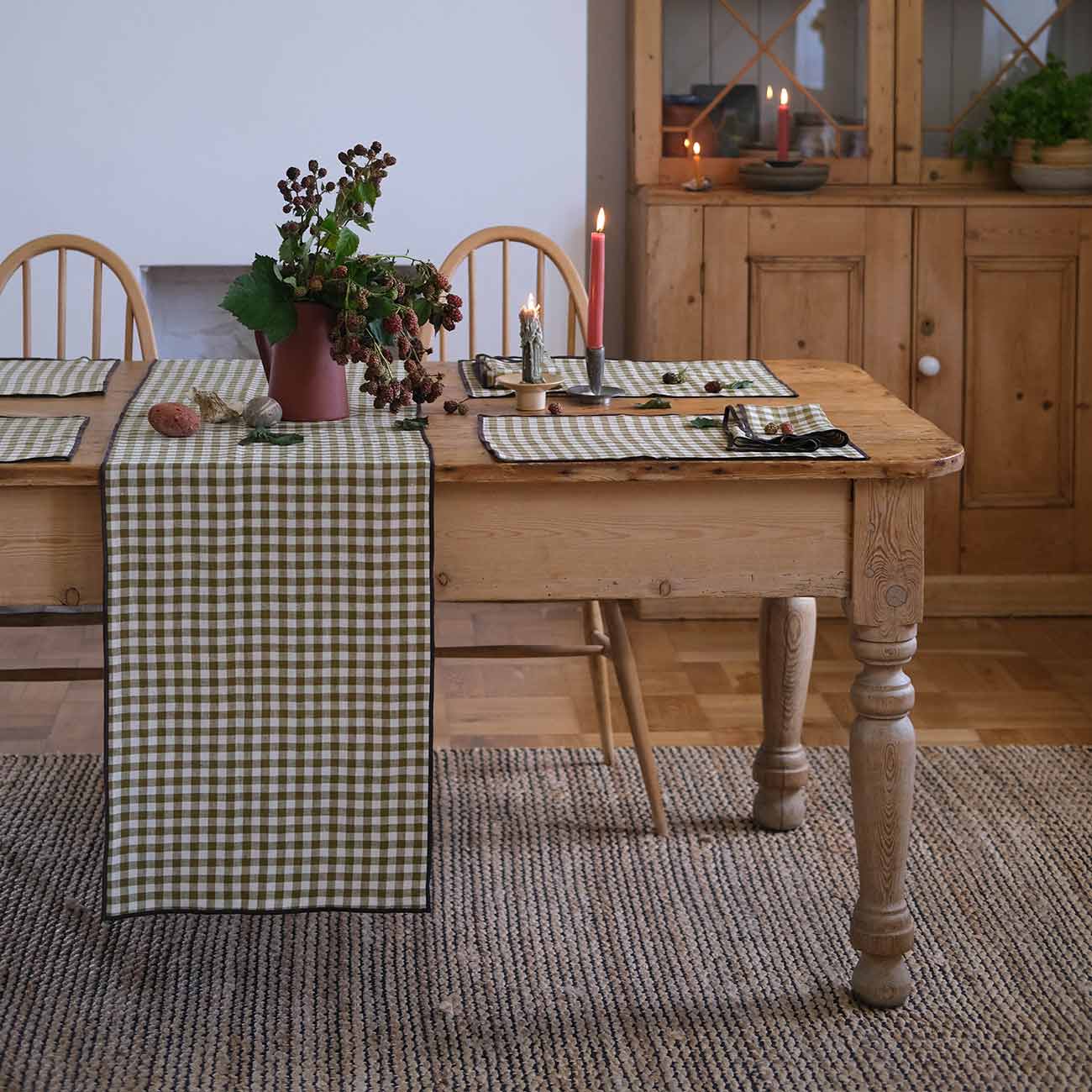 Botanical Green Gingham Linen Table Runner, Placemats and Napkins