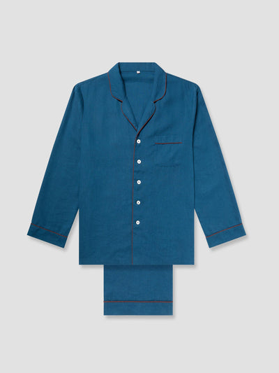 Men's Marine Blue Linen Pajama Set