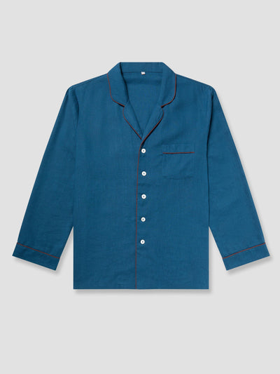 Marine Blue Linen Tencel Men's Pajama Shirt