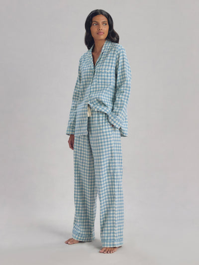 Warm Blue Gingham Linen Blend Pajama Set