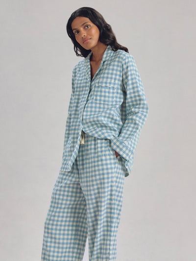 Warm Blue Gingham Linen Blend Pajama Set