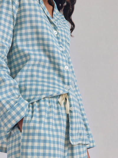 Warm Blue Gingham Linen Blend Pajama Set