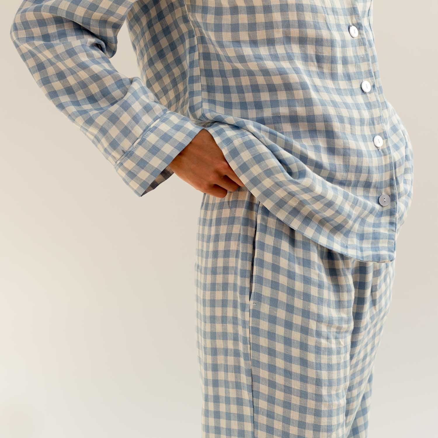Warm Blue Gingham Linen Pajama Pants