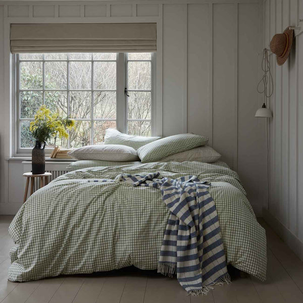 Pear Small Gingham Cotton Bedding with Warm Blue Check Stripe Wool Blanket
