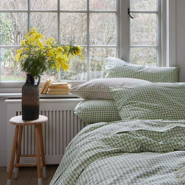 Pear and Cafe Au Lait Small Gingham Cotton Bedding