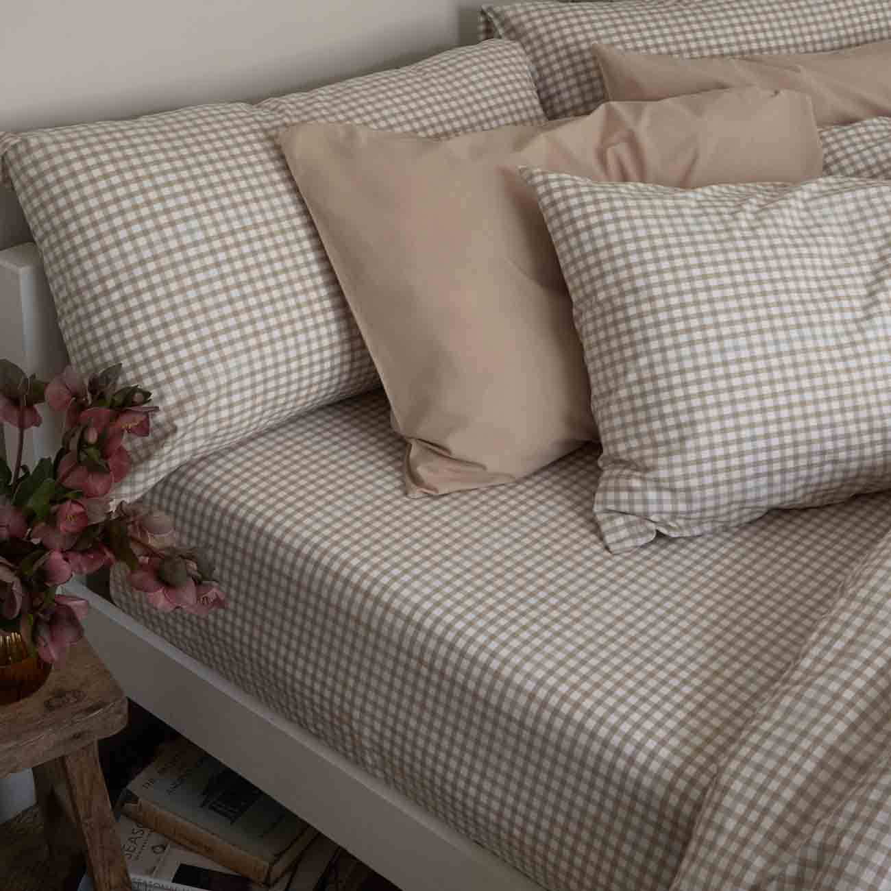 Cafe Au Lait Small Gingham Cotton and Cafe Au Lait Percale Cotton Bedding