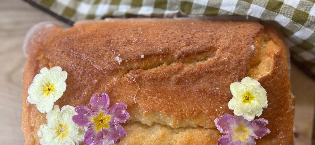 Lemon Drizzle Loaf with Sugared Primroses