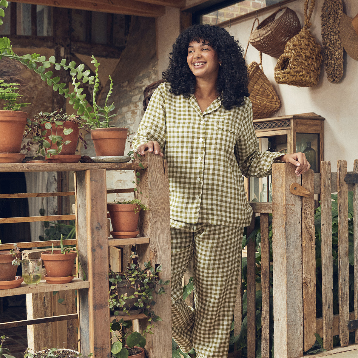 Botanical Green Gingham Linen Pajamas