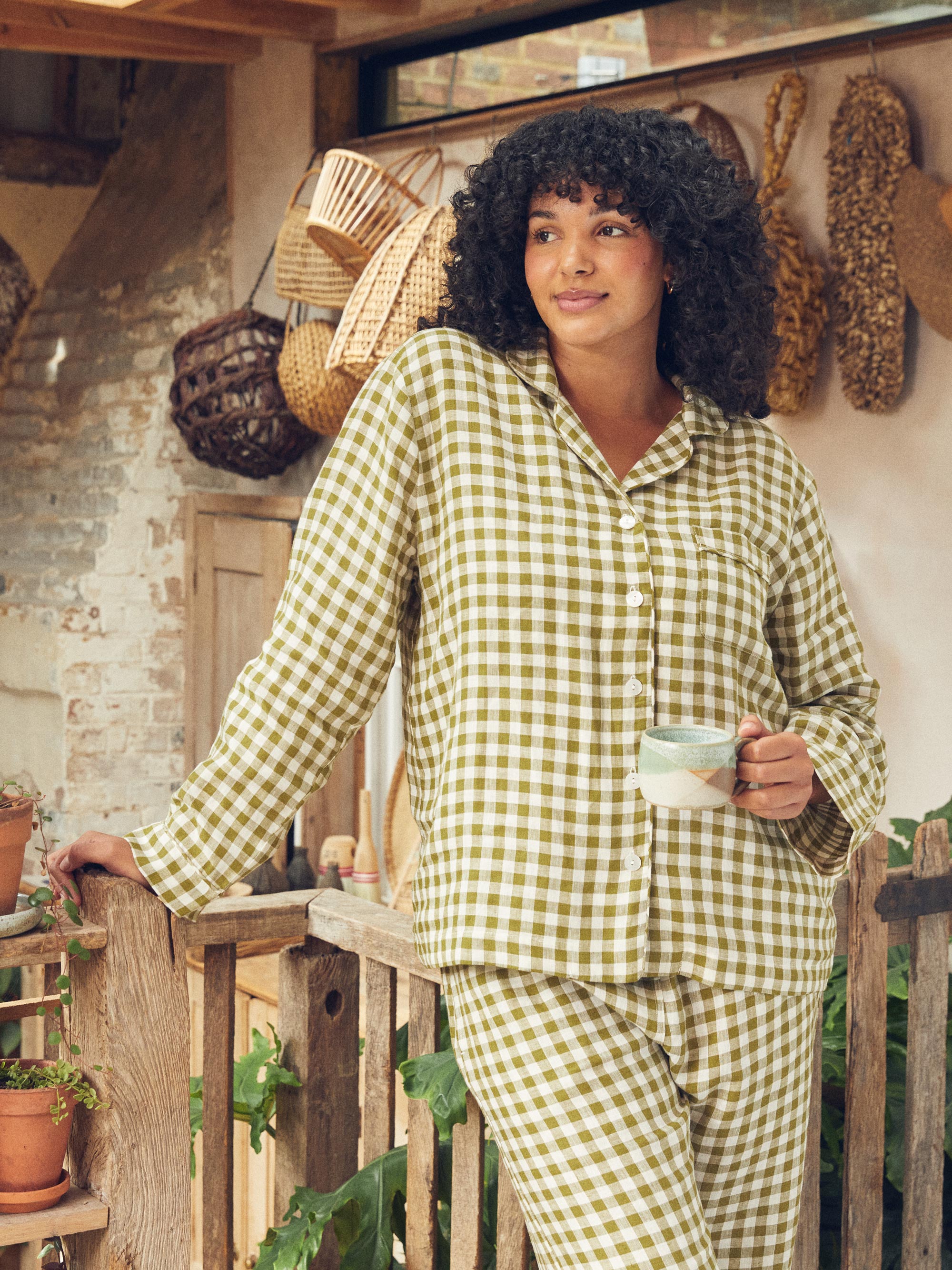 Botanical Green Gingham Linen Pajama Shirt (Top Only) | Piglet in