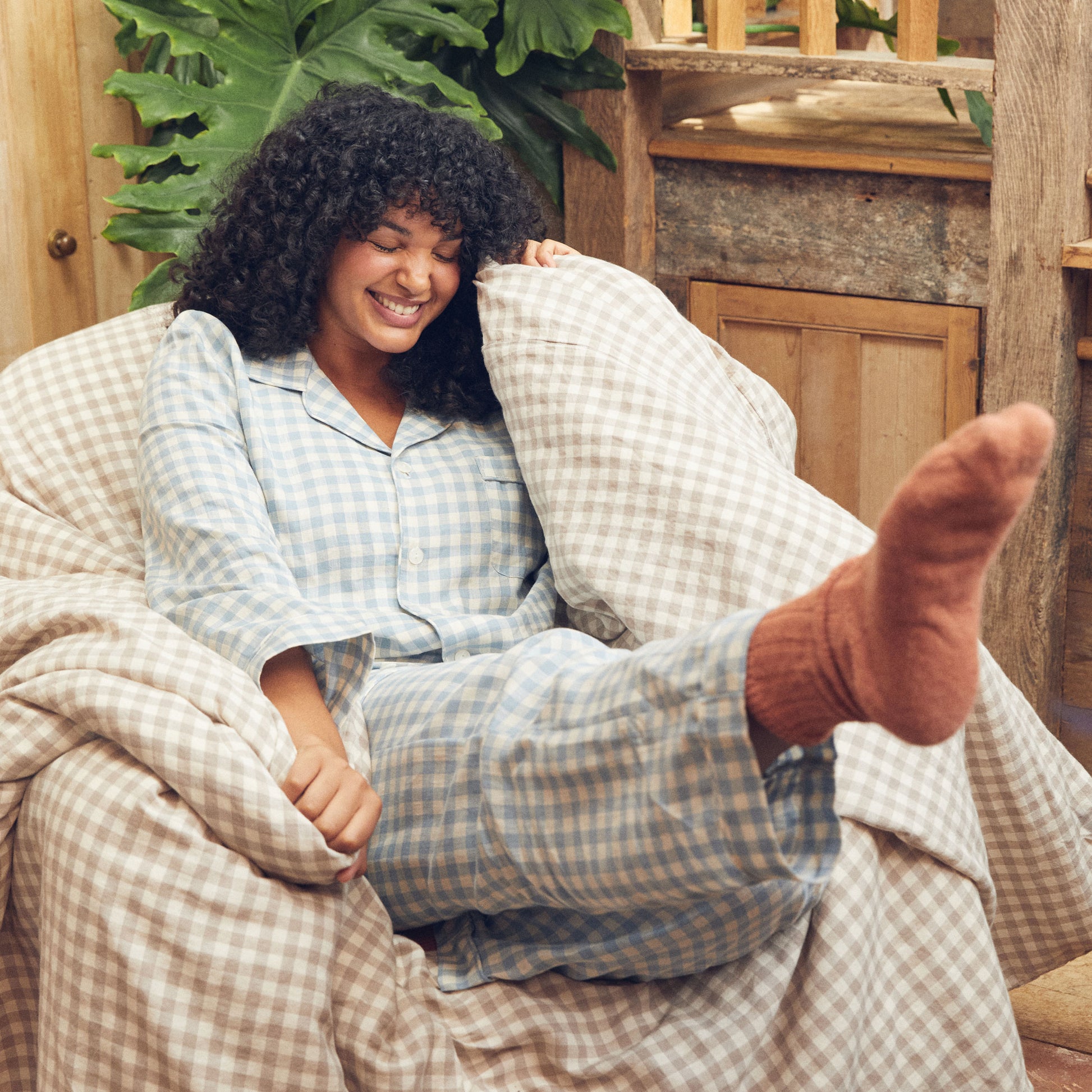 Warm Blue Gingham Linen Pajama pants