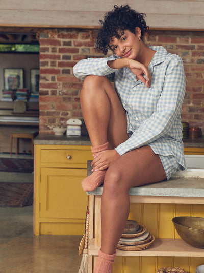 Warm Blue Gingham Linen Pajama Shorts Set - alternate image