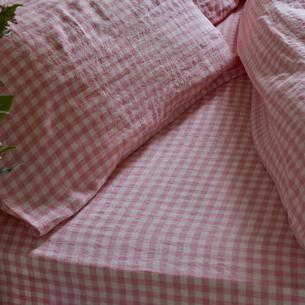 Pink Bloom Gingham 100 Linen Fitted Sheet Piglet in Bed US