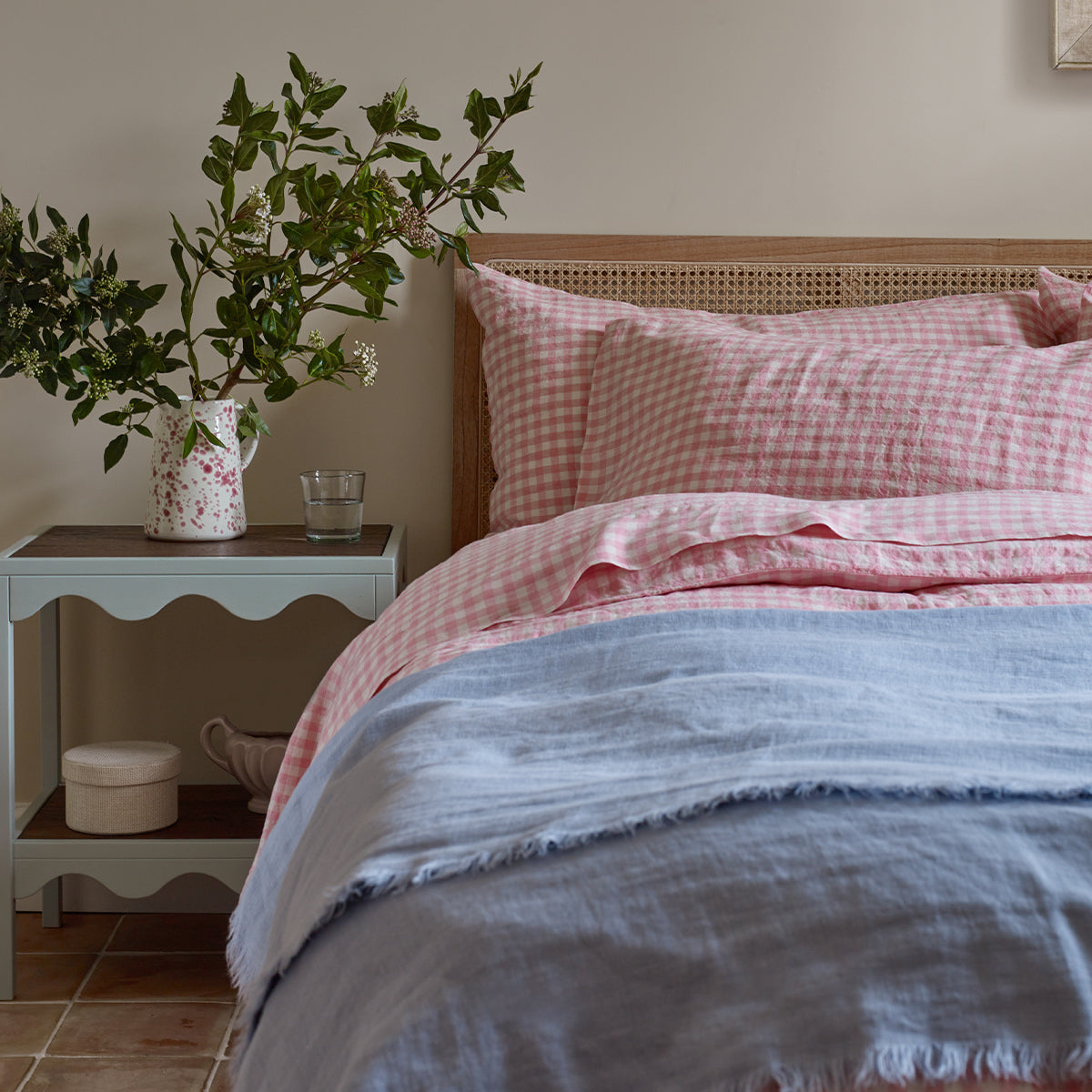 Pink Bloom Gingham Linen Pillowcases (Pair)