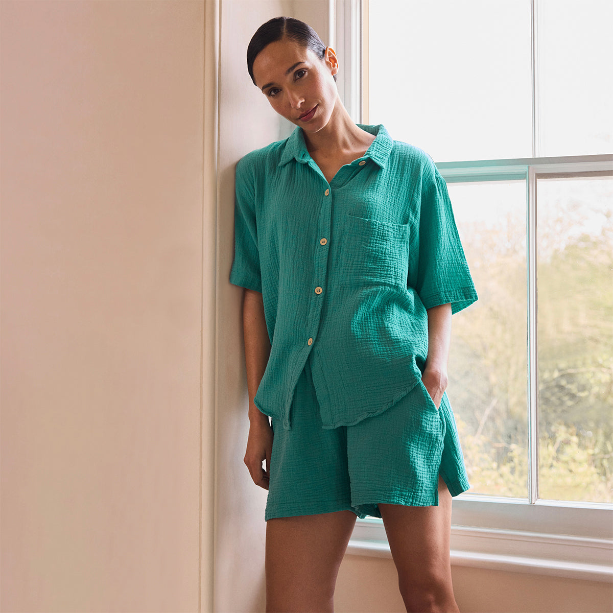 Ocean Green Cotton Gauze Women's Pajama Shorts