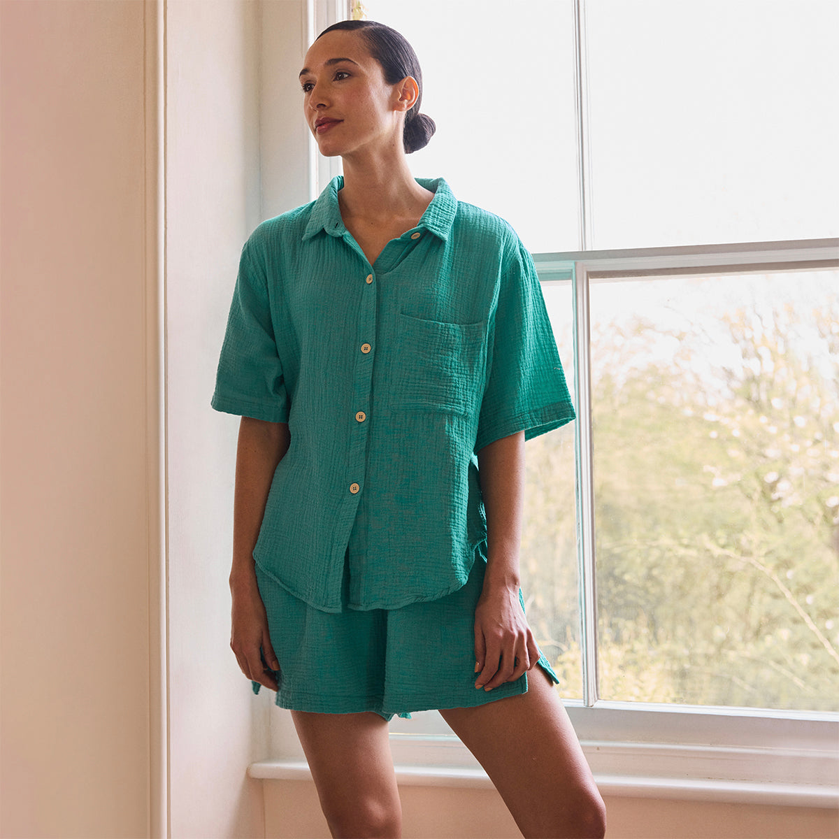 Ocean Green Cotton Gauze Women's Pajama Shirt