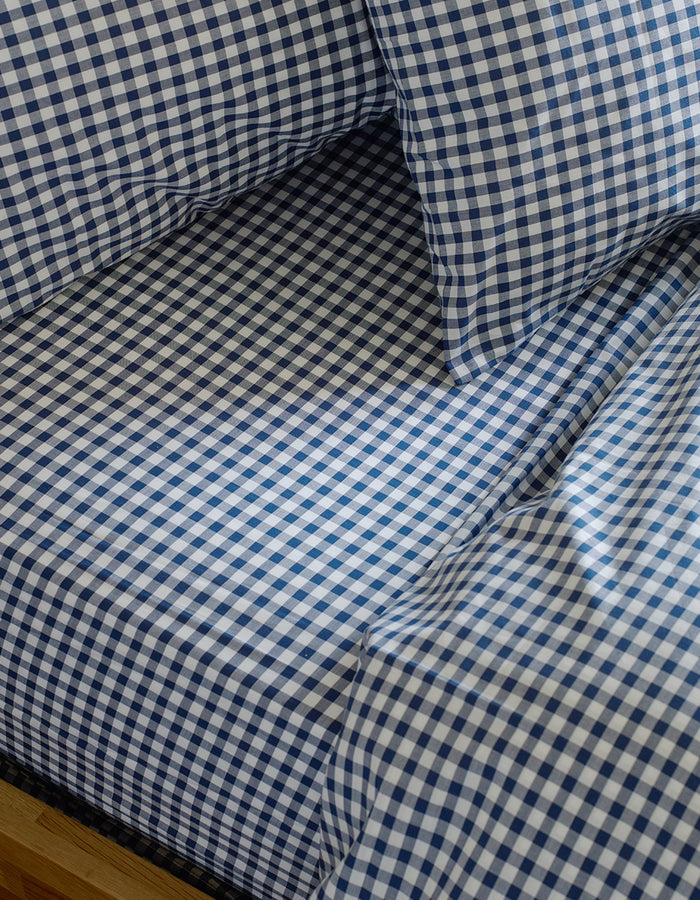 Indigo Small Gingham Cotton Fitted Sheet