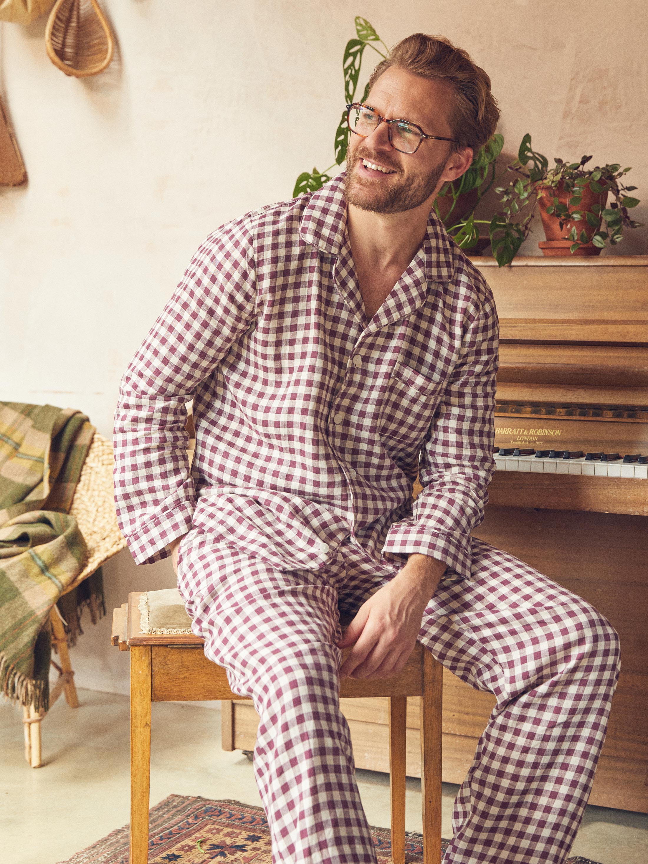 Men's Berry Gingham Pajama Shirt | Piglet in Bed US