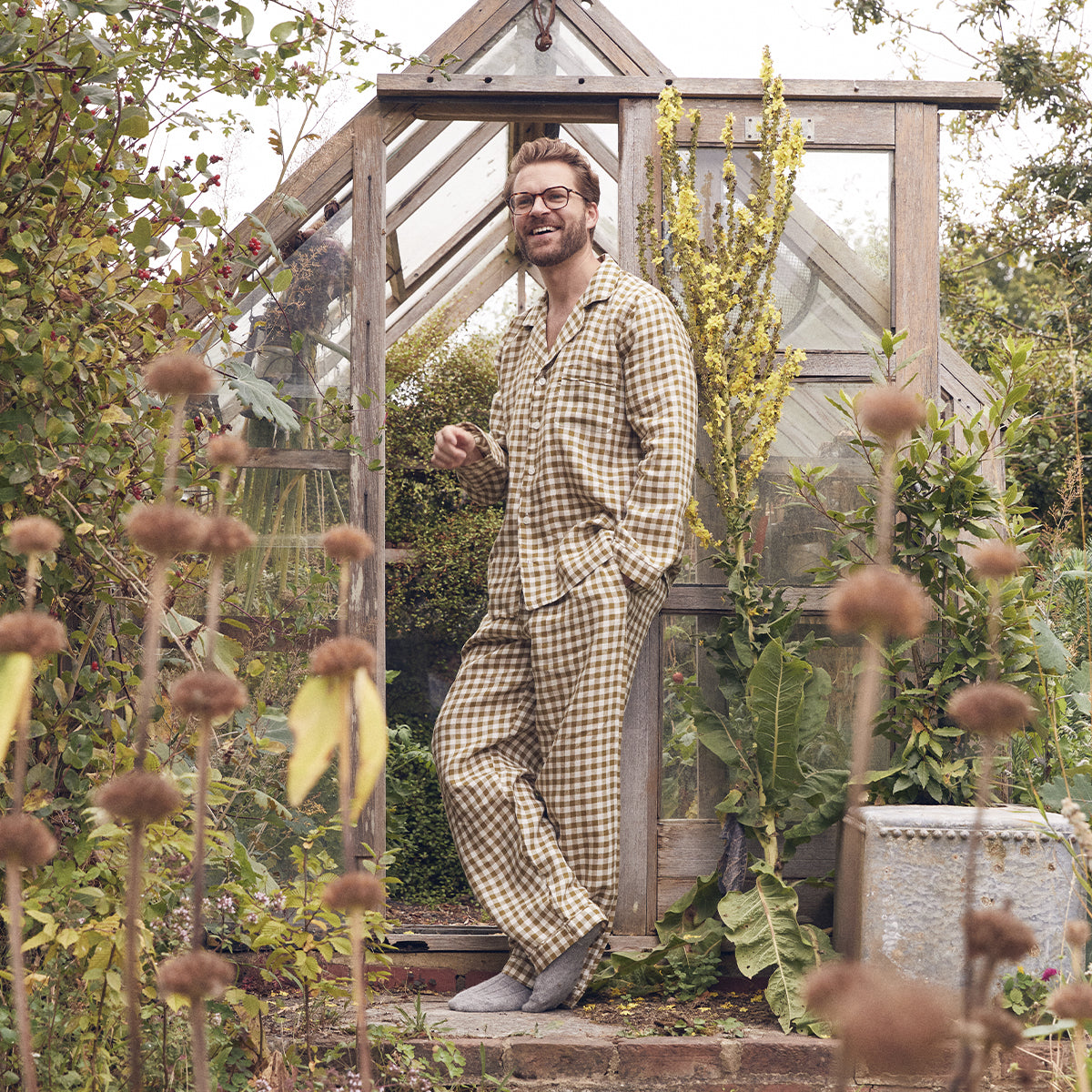 Men's Botanical Green Gingham Linen Pajama Set