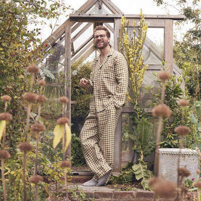 Men's Botanical Green Gingham Linen Pajama Set
