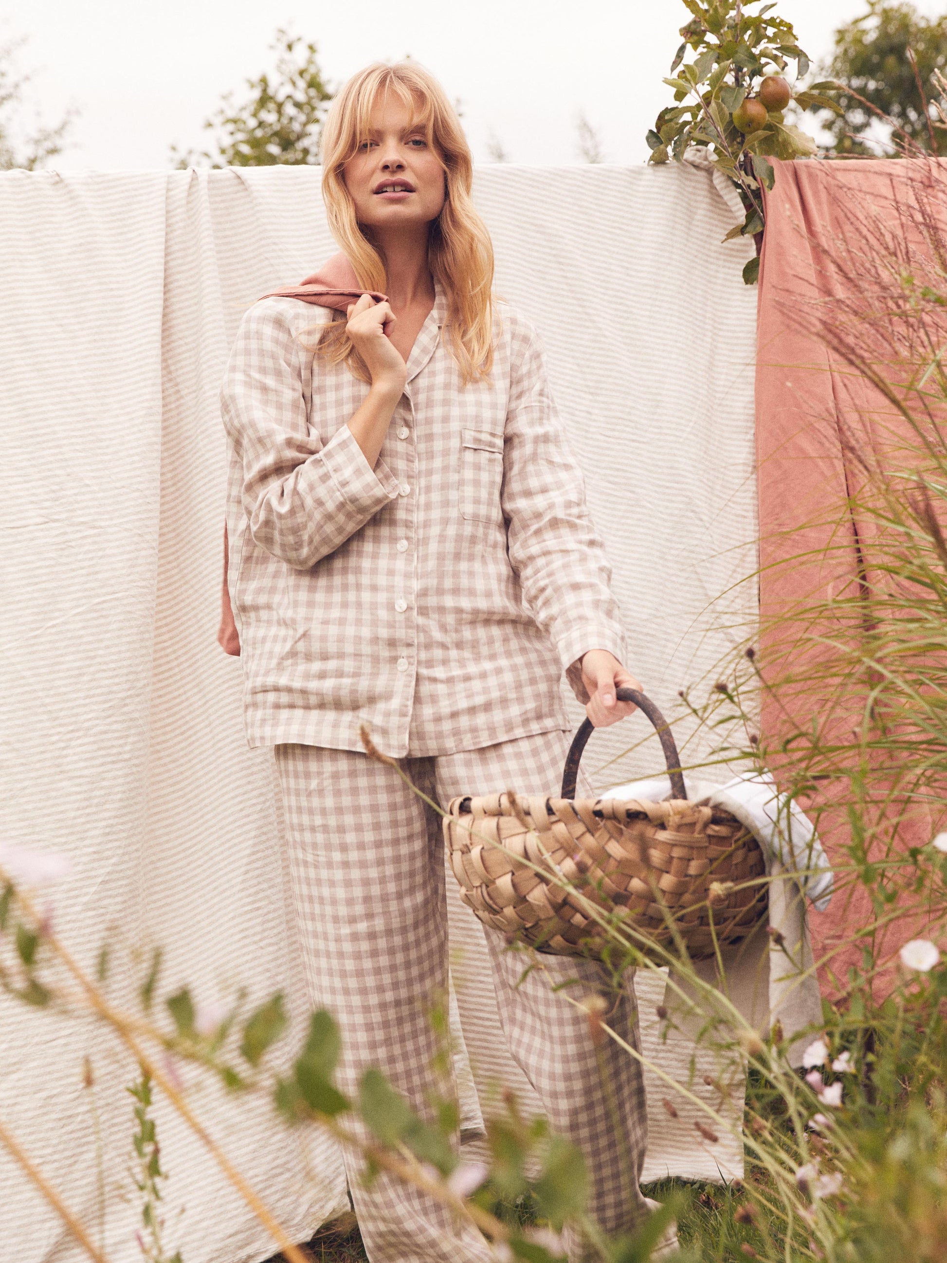 Mushroom Gingham Linen Blend Pajama Set