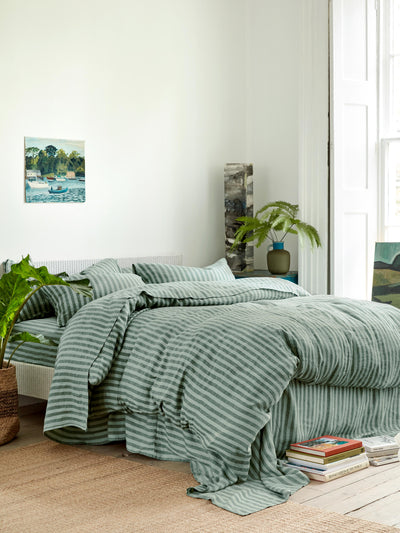 Pine Green Pembroke Stripe Linen Blend Duvet Cover