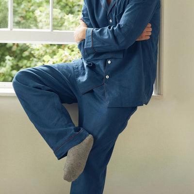 Men's Marine Blue Linen Pajama Set - alternate image